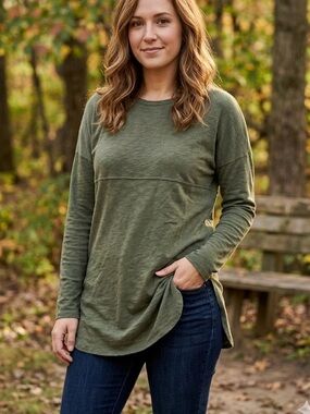 Max Studio Olive Green Spirit Jersey Tunic Knit Top Boho Earthy Lightweight